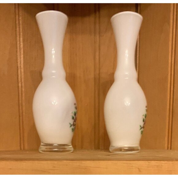 Vintage White Milk Glass Bud Vases With Hand-Painted Floral Design Set Of 2 - Picture 5 of 7